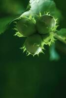 Hazelnut tree branch with unripe nuts in green forest, copy space photo