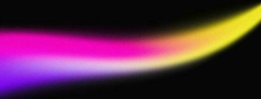 Abstract gradient pink yellow purple color flow wave shape on black background, grain texture effect, copy space photo