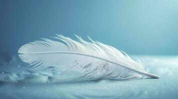 a bright blue background with one white feather, in the style of soft and dreamy pastels, glimmering light effects, nature inspired imagery, fairycore, soft focal points, generate ai photo