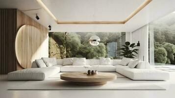 un futurista blanco mínimo interior de un vivo habitación, lujoso interior, extra grande sofá diseño, tropical plantas, ver con vista a el natural paisaje, y moderno nadando piscina, generar ai foto