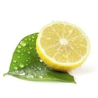 Citrus Lemon leaf with water drops isolated on white background, generate ai photo