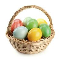 Colorful easter eggs in basket isolated on white background, generate ai photo