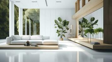 un futurista blanco mínimo interior de un vivo habitación, lujoso interior, extra grande sofá diseño, tropical plantas, ver con vista a el natural paisaje, y moderno nadando piscina, generar ai foto