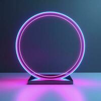 Empty neon lights round frame podium floating in the air with purple neon rings on background and hologram of digital rings on a floor, generate ai photo