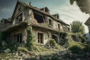 Ruined house after earthquake. Generate Ai photo