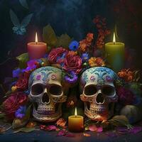 Day of the Dead skulls. Dia de los Muertos. Day of the Dead and Mexican Halloween background. Mexican tradition festival. Day of the dead sugar skull. Dia de los Muertos, generate ai photo