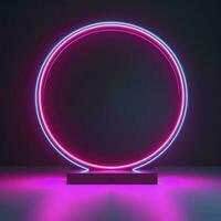 Empty neon lights round frame podium floating in the air with purple neon rings on background and hologram of digital rings on a floor, generate ai photo
