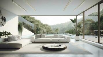 a futuristic white minimal interior of a living room, luxurious interior, extra large sofa design, tropical plants, view overlooking the natural landscape, and modern swimming pool, generate ai photo