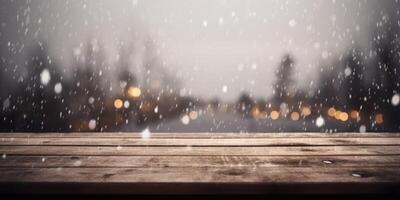 Snow falling on a wooden table photo