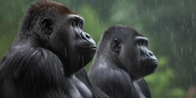 dos gorilas son sentado en el lluvia ai generado foto