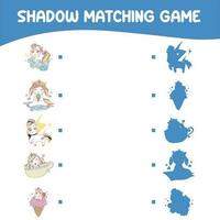 Shadow matching game worksheet. Educational printable worksheet for children with unicorn theme. Matching the images with the shadow worksheet. Vector file.