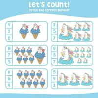 Lets count unicorn worksheet. Count and Match Unicorn for children. Math Worksheet for Preschool. Educational printable math worksheet. Vector illustration.