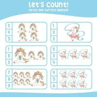 Lets count unicorn worksheet. Count and Match Unicorn for children. Math Worksheet for Preschool. Educational printable math worksheet. Vector illustration.