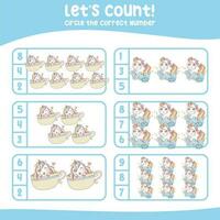 Lets count unicorn worksheet. Count and Match Unicorn for children. Math Worksheet for Preschool. Educational printable math worksheet. Vector illustration.