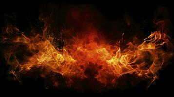 Detail of fire sparks isolated on black background, Blaze fire flame background and textured, generate ai photo