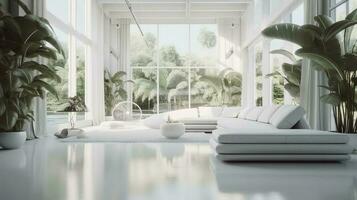 a futuristic white minimal interior of a living room, luxurious interior, extra large sofa design, tropical plants, view overlooking the natural landscape, and modern swimming pool, generate ai photo