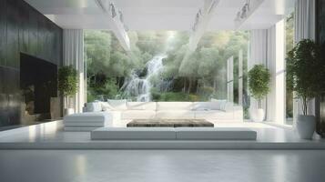 un futurista blanco mínimo interior de un vivo habitación, lujoso interior, extra grande sofá diseño, tropical plantas, ver con vista a el natural paisaje, y moderno nadando piscina, generar ai foto