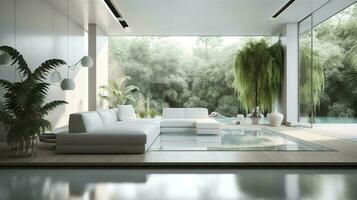 a futuristic white minimal interior of a living room, luxurious interior, extra large sofa design, tropical plants, view overlooking the natural landscape, and modern swimming pool, generate ai photo