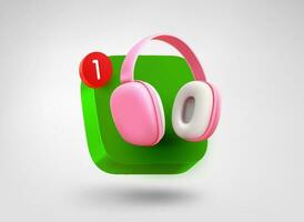 Audio app button with headphones. 3d vector mobile application icon