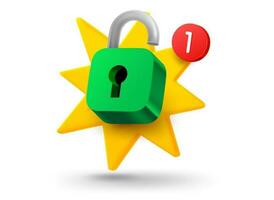 Opened padlock with explosion effect. 3d vector mobile application icon with notification