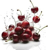 Whole and sliced fresh cherries in the air, isolated on a white background, generate ai photo