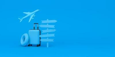 equipaje, avión volar, flotador y blanco cruce señalización señalando diferente direcciones en azul antecedentes. vacaciones concepto. foto
