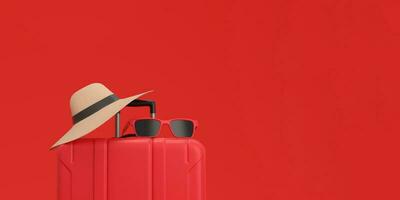 panorámico de maleta con Dom lentes y sombrero en rojo antecedentes. exótico vacaciones concepto. foto