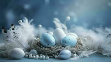 a bright blue background with one white Down feathers and eggs, in the style of soft and dreamy pastels, glimmering light effects, nature-inspired imagery, generat ai photo