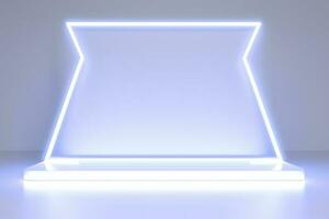 Realistic podium display with neon white lights, Product display background with light frame, White prodium product display with light effect, neon lights background, generate ai photo