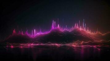 light lines with bright colors in a dark environment, in the style of futuristic landscapes, vibrant skylines, light bronze and magenta, light crimson and light blue, generat ai photo