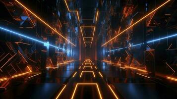digital cg background, cg backgrounds sci-fi backgrounds, in the style of futuristic geometric abstraction, dark orange and light cyan, 32k UHD, neon, and fluorescent light, generat ai photo