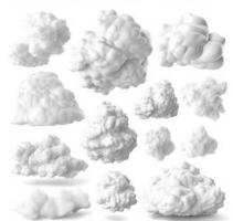 3d prestar, colección de resumen realista nubes aislado en blanco fondo, clima acortar arte, diseño elementos, generar ai foto