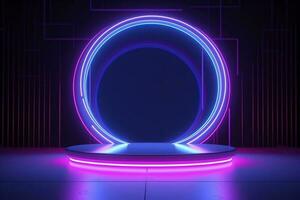 Empty neon lights round frame podium floating in the air with purple neon rings on background and hologram of digital rings on a floor, generate ai photo