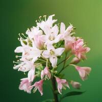 un rosado y blanco flor con un verde antecedentes ai generado foto