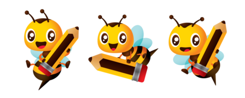 Collection cartoon cute bee holding pencil for back to school education mascot set illustration png