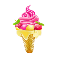 Watercolor and drawing for fresh sweet colorful strawberry and vanilla ice cream. Digital painting of homemade bakery, dessert and food illustration. png