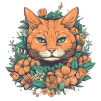 Illustration 2D cat with flower ai generate png