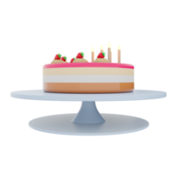 3d rendering tasty birthday cake with colorful candles and ripe strawberries icon. 3d render delicous desert on a tray icon. Tasty birthday cake with colorful candles and ripe strawberries. png