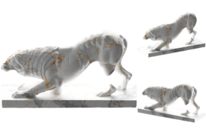 Crouching Lion in elegant gold and white marble for high-end design and fashion png