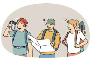 Smiling archeologists with map searching for artifacts vector