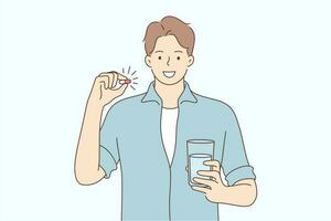 salud, cuidado, medicamento, anuncio publicitario, fármaco concepto. joven contento sonriente hombre chico chico dibujos animados personaje sostiene farmacia pastillas y vaso de agua. sano estilo de vida promoción médico apoyo ilustración vector