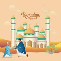 Ramadan Kareem Concept With Muslim Man Giving Something To Elder Beggar In Front Of Mosque On Peach Background. vector