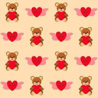 Seamless Cute Teddy Holding Heart And Love Angel Pattern Background. vector