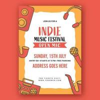 Indie Music Festival Invitation Template Layout With Musical Instrument And Event Details. vector