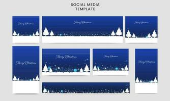 Social Media Template And Header Set With Xmas Trees On Blue And White Bokeh Light Effect Background For Merry Christmas Concept. vector