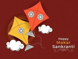 Happy Makar Sankranti Poster Design With Two Kites, Clouds On Dark Red Swirl Pattern Background. vector