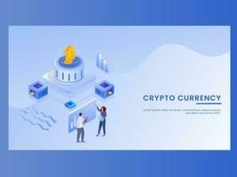 Crypto Currency Landing Page With 3D Bitcoin Server, Employees Maintain Data Or Website On Blue Background. vector