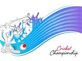Linear Style Cricket Player Team In Different Poses And Abstract Wave On White Background For Championship Concept. vector