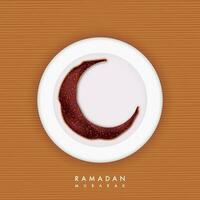 Top View Of Crescent Moon Shape Donut Over Plate On Brown Stripe Pattern Background. vector