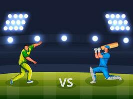 Participate Teams Of Cartoon Cricket Players In Action Pose On Stadium View Background. vector